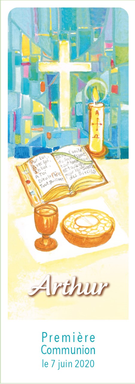 Signet personnalisé de première communion : Calice missel et patène sur l'autel